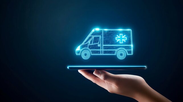 ambulance icon emerging from a digital tablet, Smart Ambulance  and Remote Care, Digital Emergency Medical Services, smart  Healthcare technology Assistance, Medical Alerts and Support.