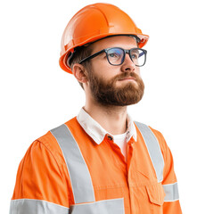 Confident male worker in safety gear and hard hat, ready for construction tasks, showcasing professionalism and commitment. isolated on a transparent background