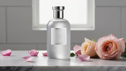 Frosted perfume bottle with pink roses and petals on a marble surface. A minimalist and fresh design, ideal for skincare and fragrance promotions