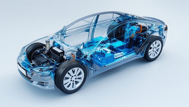 Transparent  electric car with exposed engine and battery.