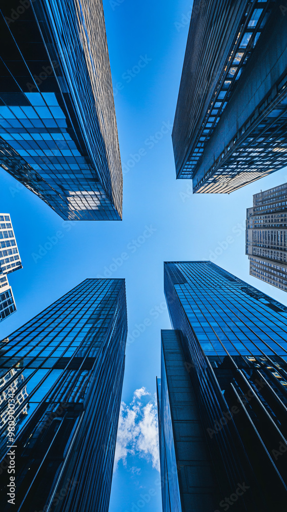 Poster glass skyscrapers are reaching a deep blue sky with few clouds in a low angle view