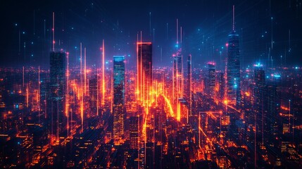 Obraz premium Night neon laser illuminated cityscape. City skyline. Urban background with architecture, skyscrapers, megapolis, buildings and city center.