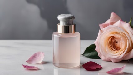 Frosted perfume bottle with pink roses and petals on a marble surface. A minimalist and fresh design, ideal for skincare and fragrance promotions