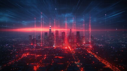 Obraz premium Night neon laser illuminated cityscape. City skyline. Urban background with architecture, skyscrapers, megapolis, buildings and city center.