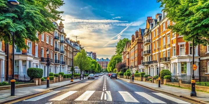 Historic Abbey Road in London, England, lined with charming buildings, quaint shops, and iconic zebra crossings,