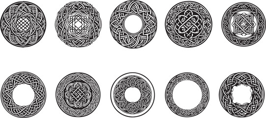 Celtic circle frames. Vintage round border frames with celtic knots, knotted braid ornaments northern Irish motifs. Circular magical patterns vector	
