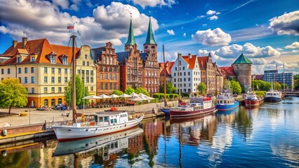 Fototapeta premium Historic waterfront architecture lines the Oder River in Stettin, Poland, with sailboats and yachts moored alongside