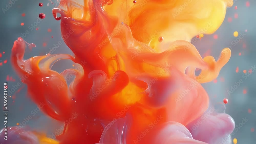 Poster Bright abstract animation with swirling streams and floating drops of colored flowing liquid in shades of blue and orange