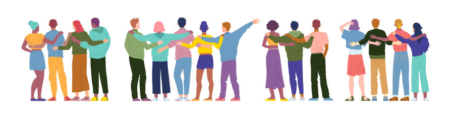Fototapeta premium Cartoon Color Characters People Friends from Behind Concept Flat Design Style. Vector illustration of Hugging Team