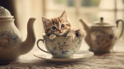 whimsical scene of a cute cat sitting in a teacup.