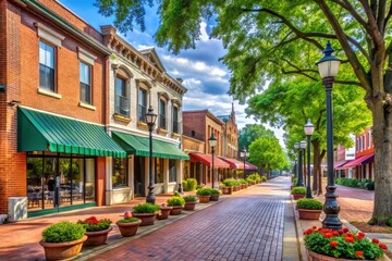 Fototapeta premium Main Street in downtown Opelika, Alabama, boasts charmed brick buildings, lined sidewalks, and vintage streetlights