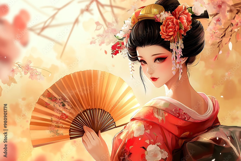 Sticker Beautiful Geisha in Traditional Kimono with Cherry Blossoms and Fan.