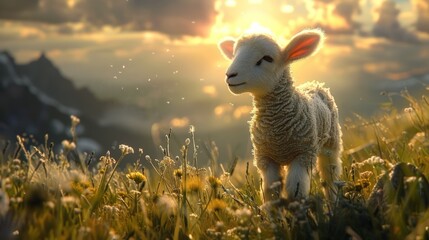 A fluffy white lamb stands in a field of wildflowers with a majestic mountain backdrop as the sun sets in the distance.