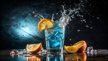 Icy blue cocktail with a splash of clear liquid and citrus slice garnish, served in a sleek modern