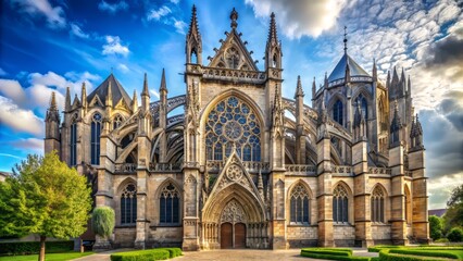 Obraz premium Majestic Gothic cathedral rises high, its intricate stone carvings and vibrant stained glass windows glowing against a