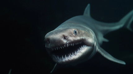 Fototapeta premium A close-up of a goblin shark with its distinctive, protruding jaws and unique features, swimming in the deep ocean where light is sparse 
