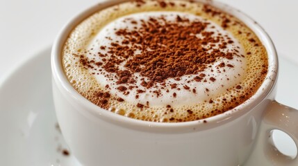 A white coffee cup with a brown foam on top