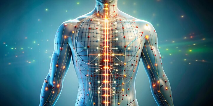 Illuminated acupuncture points chart on a transparent overlay above a human body silhouette, showcasing intricate