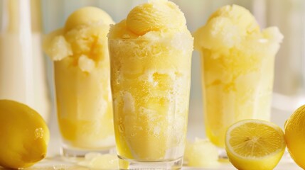 Three glasses of ice cream with a lemon slice on the side