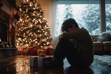 A person sitting on the wooden floor beside a gift box, looking contemplative near a beautifully decorated Christmas tree and a cozy fireplace emitting a warm glow.