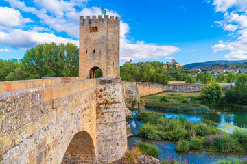 Fototapeta premium View of the medieval bridge in the historic village of Frías, Spain, over the River Ebro, built in Gothic style in the 13th century