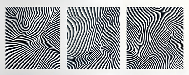 Set of layouts with wavy lines. Twisted duotone backgrounds. Abstract pattern from lines, halftone effect. Black and white texture. Minimalistic design template for poster, banner, cover, postcard
