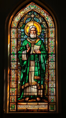 Stained glass of Saint Patrick in traditional green robe inside a church