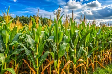 Obraz premium Mature golden dent corn stalks stand tall, their green leaves rustling gently in the late summer breeze on