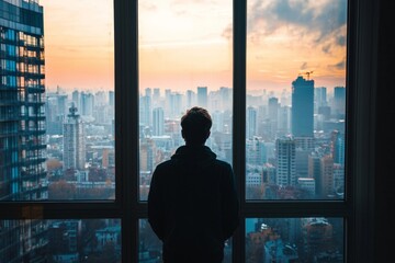 A person looking out of a window from a high-rise apartment, watching the bustling city below but feeling disconnected and lonely.