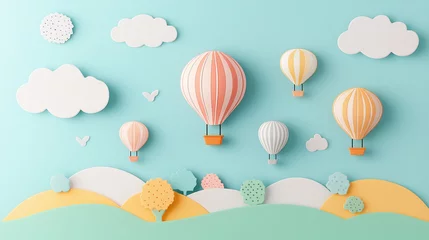 Paper art hot air balloons floating in the sky with clouds on a pastel background