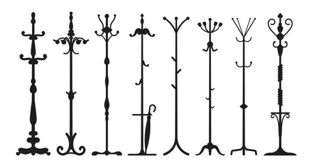Hat and coat rack stands isolated black silhouettes. Vector set of vintage and modern hallway hangers with umbrella and decorative elements, conveying concept of organization, fashion and home decor