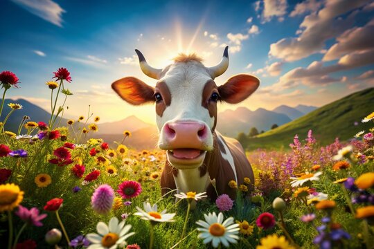Adorable anthropomorphic cow smiling and basking in warm sunlight amidst vibrant colorful flowers swaying gently in a serene idyllic countryside meadow scene.