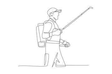 Man watering plants with pest medicine. Pest control concept one-line drawing