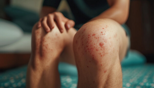 Young man has allergic skin rash on his legs from itchy dry skin eczema dermatitis insect bite 