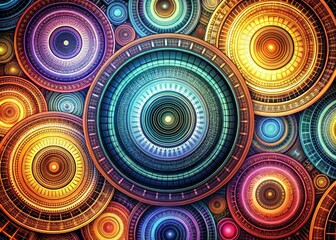 Fototapeta premium Intricate geometric pattern of concentric circles in various sizes and colors, overlapping and blending to create a