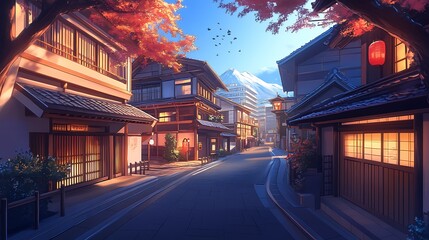 A serene street scene in a traditional Japanese town with autumn foliage and a distant mountain backdrop.