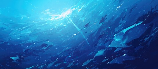 Obraz premium Underwater view of a blue ocean surface featuring abstract fractal waves and beams of sunlight penetrating the water