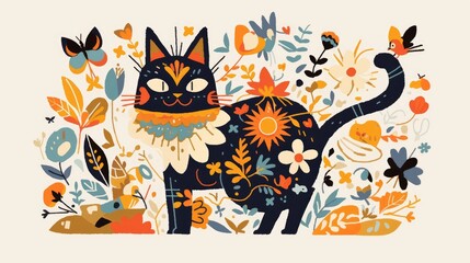 Fototapeta premium Colorful vector illustration of a beautiful cat surrounded by butterflies birds and flowers An art poster suitable for interior decoration and unique design in a Scandinavian folk art style