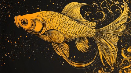 Stylized golden fish with a magical touch Hand drawn black contour 2D cartoon illustration suitable for adult coloring prints designs decor T shirts emblems logos or tattoos