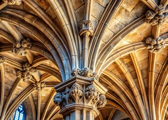 Obraz premium Intricate stone corbel brackets support an ancient vaulted ceiling adorned with ornate carvings and worn by time,