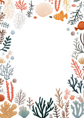 Sea life frame with fish, coral, and underwater plants on a white background