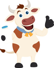 Dairy cow character showing off premium quality dairy products 