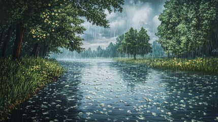 artwork of a scenic river during a gentle rain.