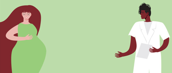 Pregnant woman consulting with doctor or gynecologist, flat vector stock illustration or copy space template