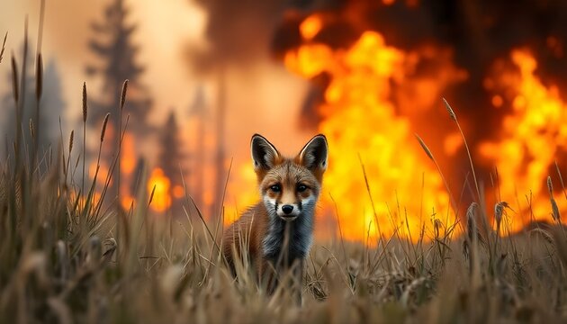 A frightened fox on the outskirts of a forest fire