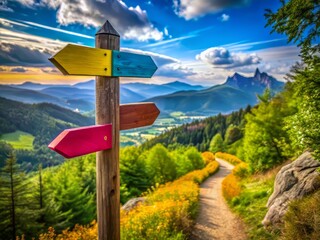 Scenic Guide Post in Nature with Directional Arrows Pointing Towards Various Outdoor Destinations