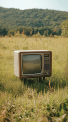 Vintage Television in a Grassy Field