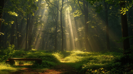 Fototapeta premium Morning sunlight filters through the misty forest, illuminating the vibrant autumn leaves along a tranquil path