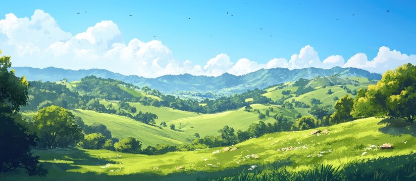 Scenic landscape featuring lush greenery and rolling hills under a clear blue sky A serene environment highlighting nature s beauty