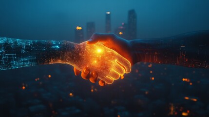 A metaphorical handshake symbolizing trust and cooperation, set against a backdrop of skyscrapers, symbolizing long-term business relationships and cooperation.